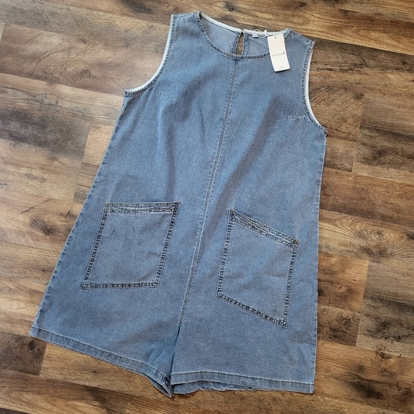 Glamaker Womens Casual Sleeveless Denim Sky Blue Overall Jumpsuit Romper Size L - Picture 2 of 8